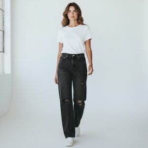 Abercrombie & Fitch The Dad High Rise Straight Leg Jeans Black Torn Ripped Knee